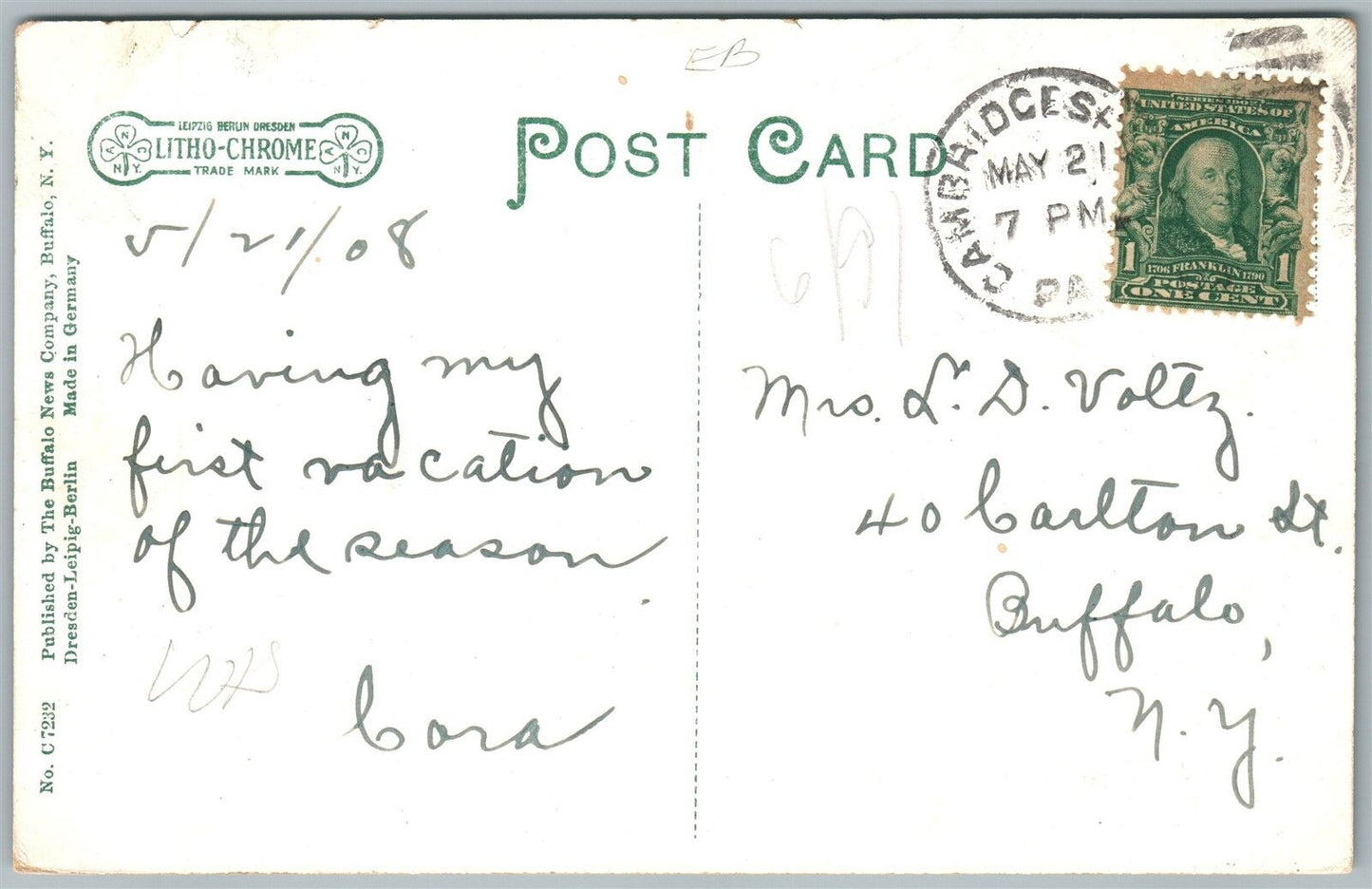 CAMBRIDGE SPRINGS PA GRAY MINERAL SPRING 1908 ANTIQUE POSTCARD