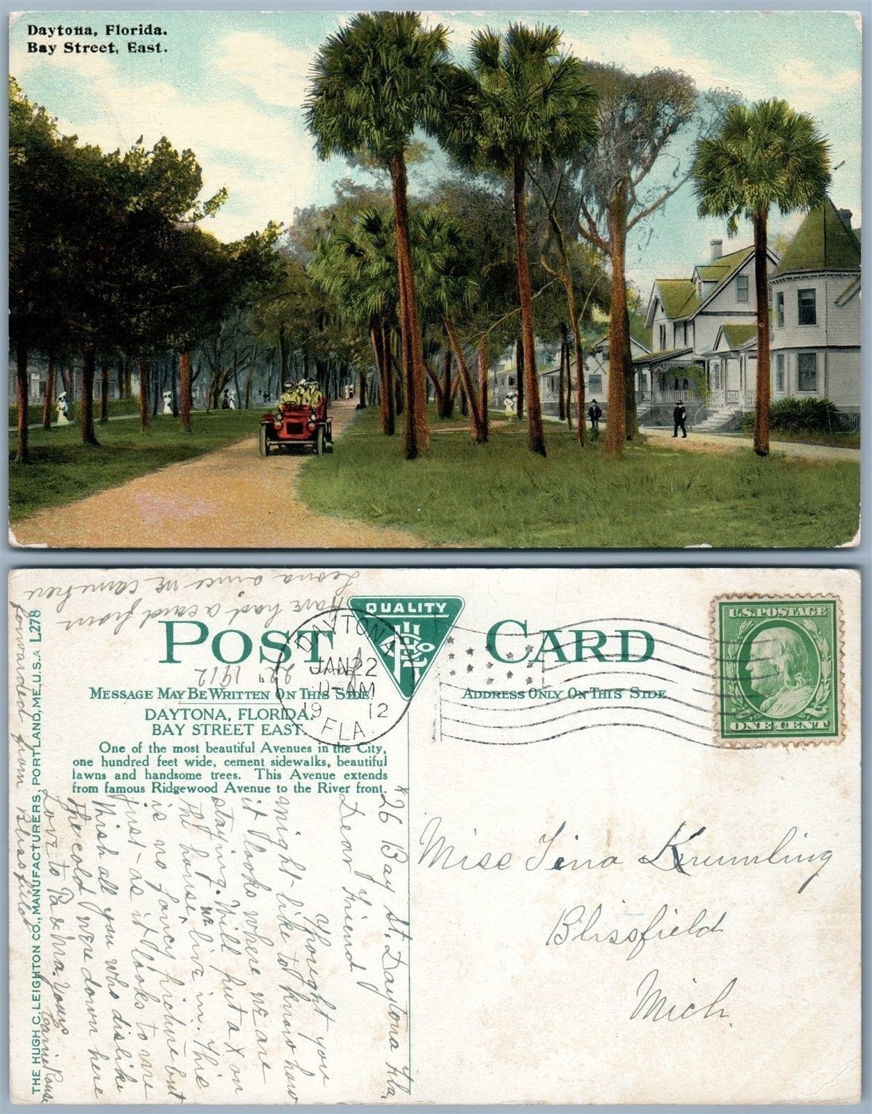 DAYTONA FL BAY STREET EAST 1912 ANTIQUE POSTCARD