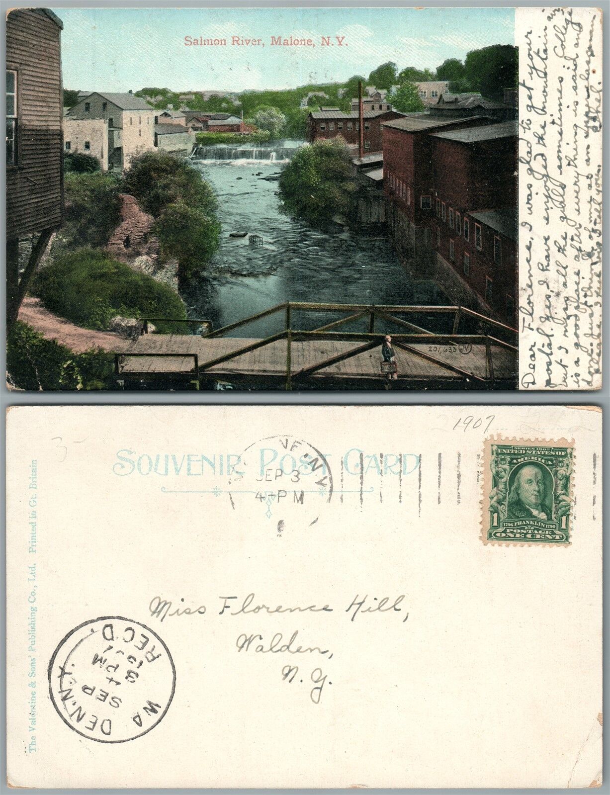 MALONE N.Y. SALMON RIVER 1907 UNDIVIDED ANTIQUE POSTCARD