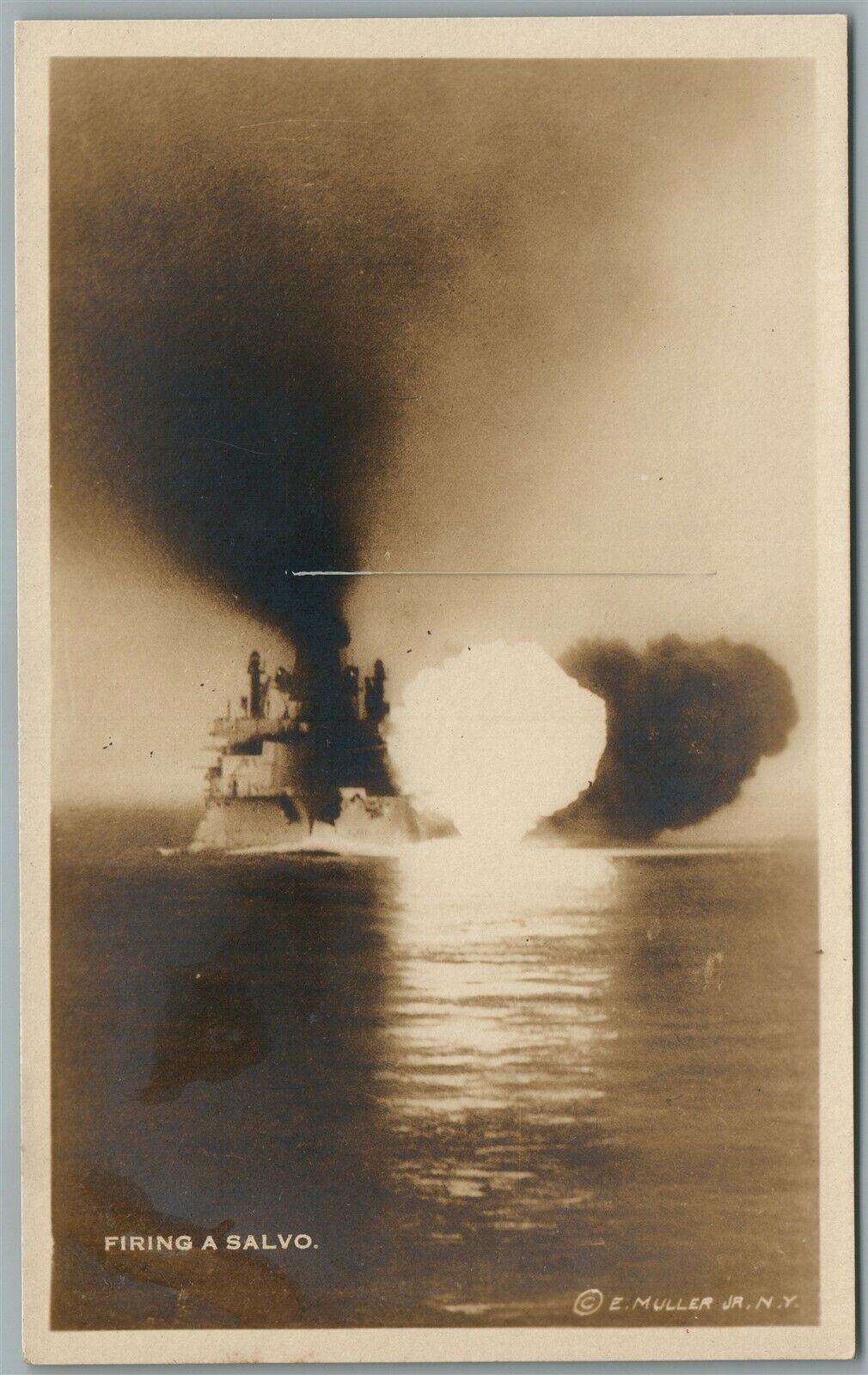 MILITARY ACTION US FLEET FIRING A SALVO VINTAGE REAL PHOTO POSTCARD RPPC