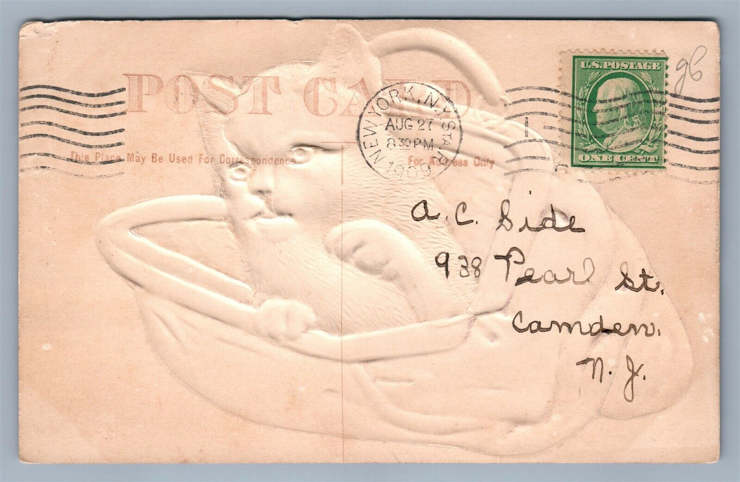 ANGRY CAT in PURSE EMBOSSED ANTIQUE POSTCARD