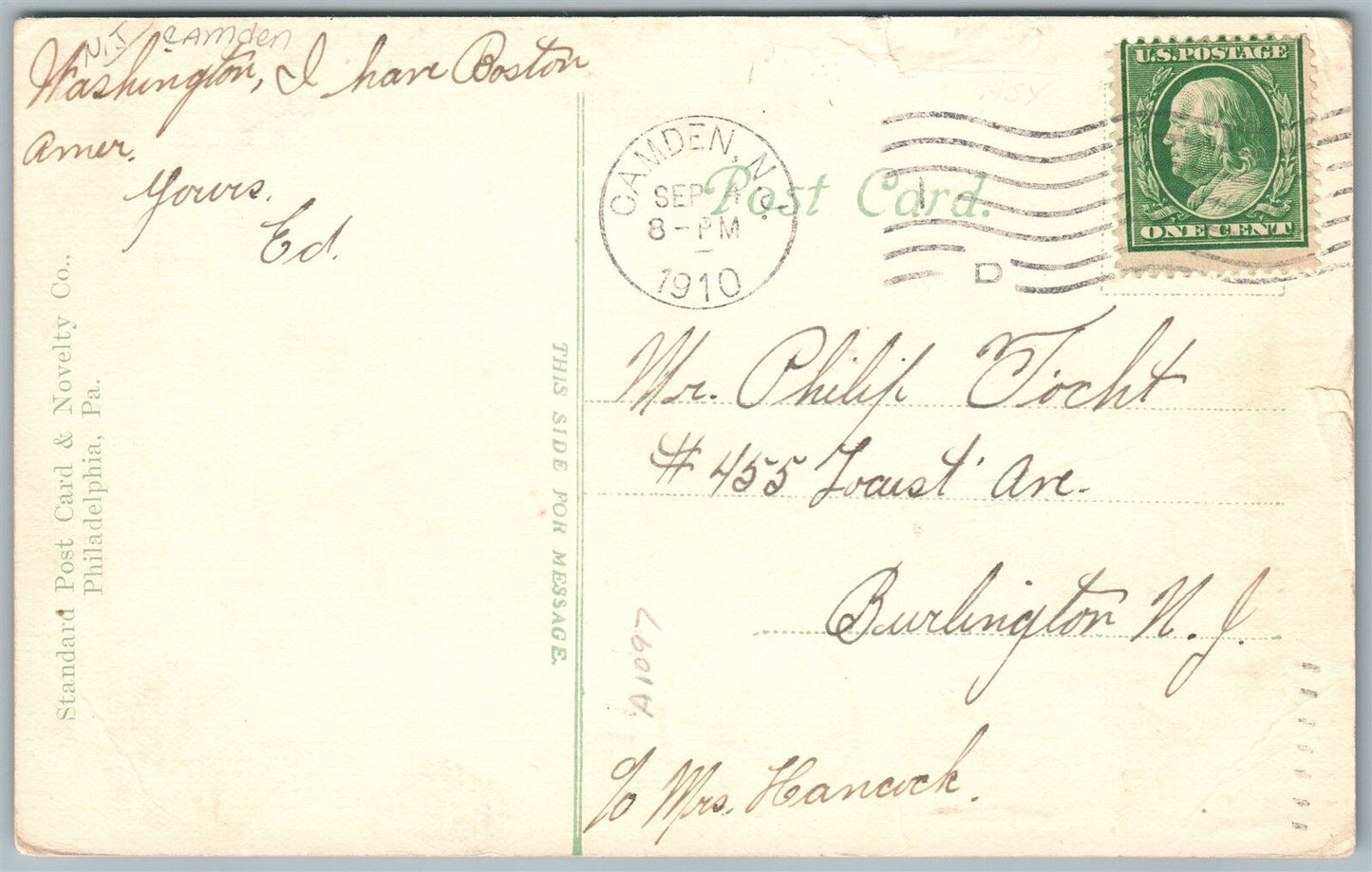 CAMDEN NJ FEDERAL STREET WEST FROM BROADWAY 1910 ANTIQUE POSTCARD