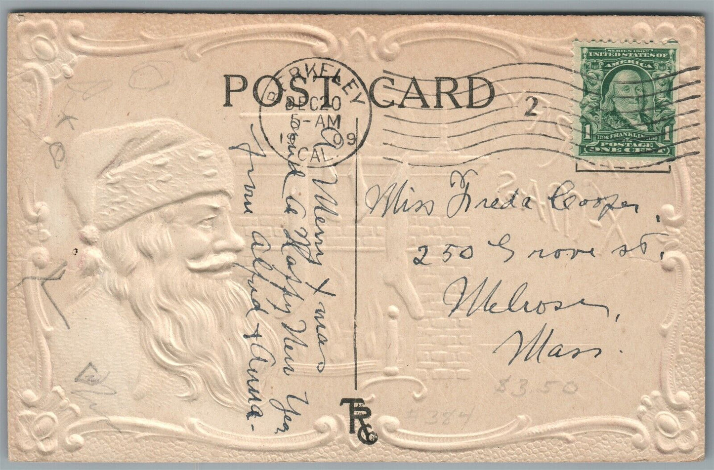 SANTA AT FIRE PLACE CHRISTMAS EMBOSSED ANTIQUE POSTCARD