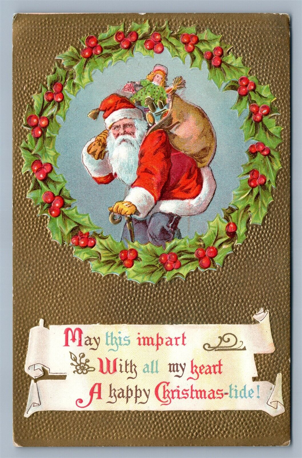 SANTA CLAUS w/ BAG OF GIFTS CHRISTMAS ANTIQUE EMBOSSED POSTCARD