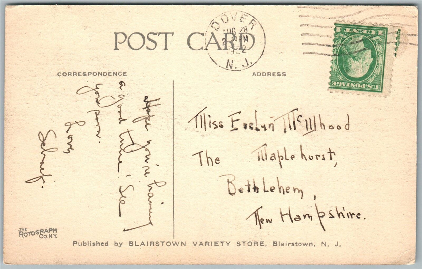 BLAIRSTOWN NJ OLD ACADEMY 1922 ANTIQUE POSTCARD