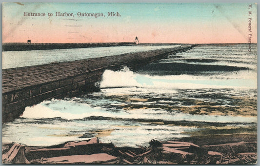 ONTONAGON MI ENTRANCE TO HARBOR w/ LIGHT HOUSE ANTIQUE POSTCARD
