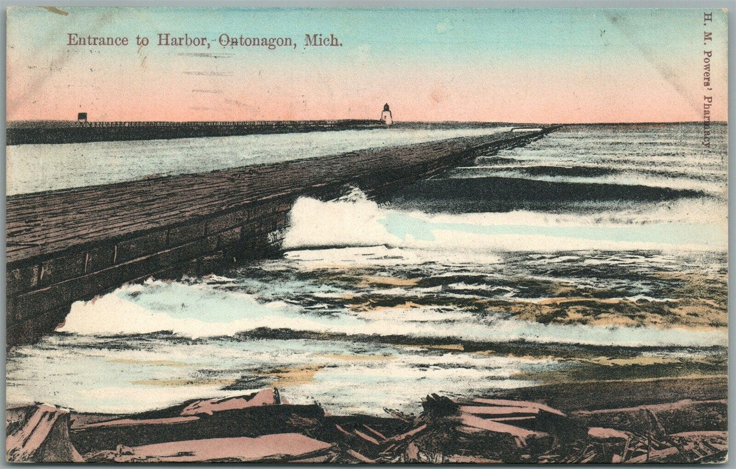 ONTONAGON MI ENTRANCE TO HARBOR w/ LIGHT HOUSE ANTIQUE POSTCARD