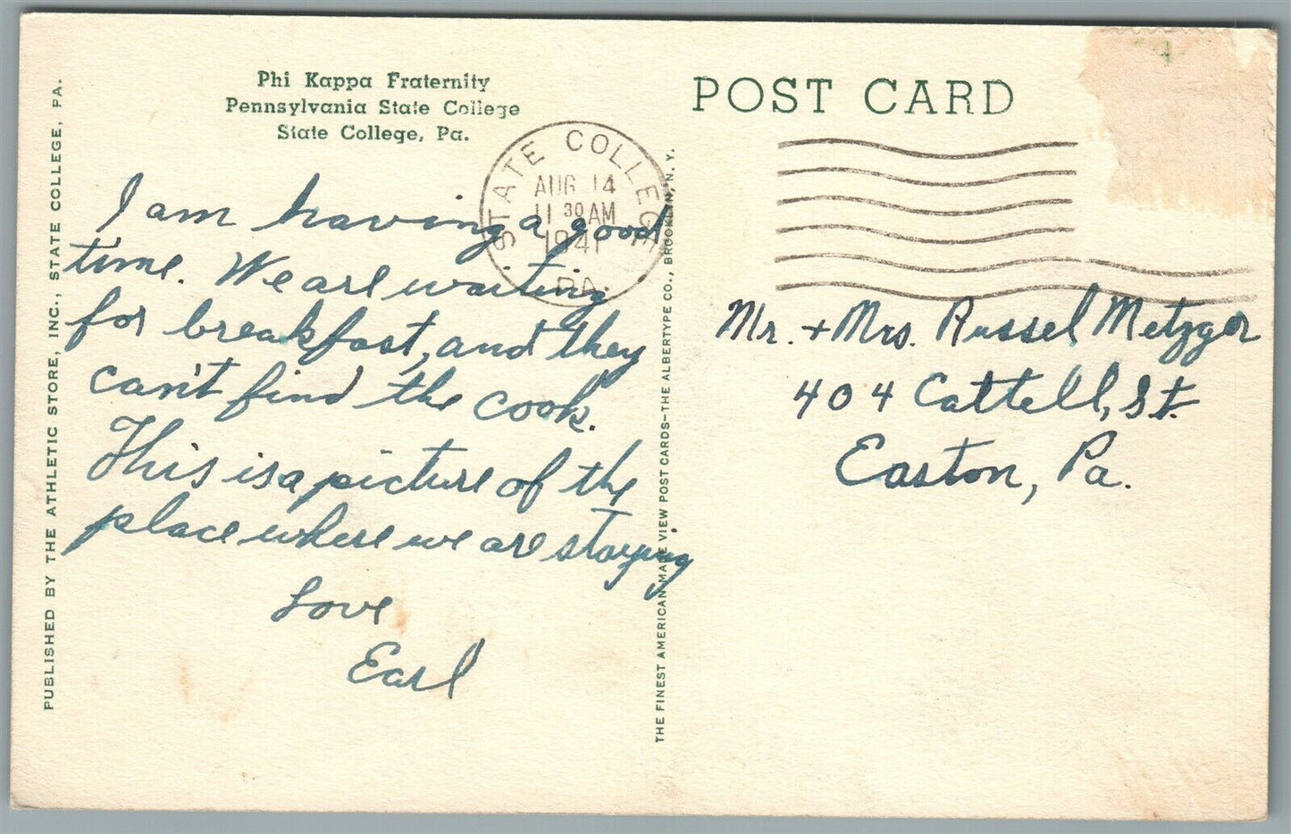 STATE COLLEGE PA PHI KAPPA FRATERNITY VINTAGE POSTCARD