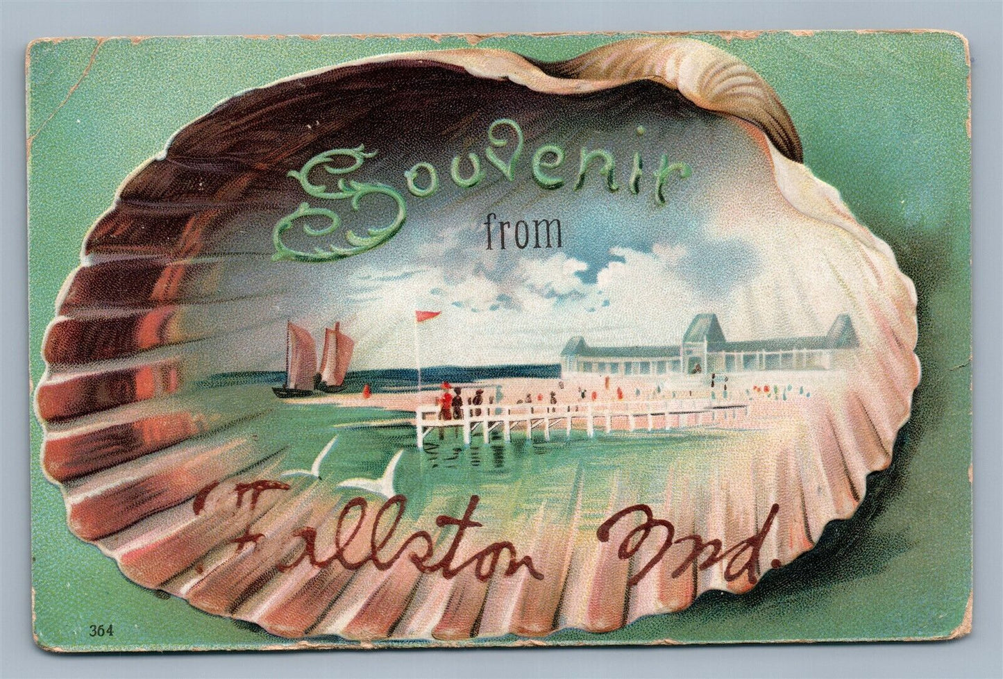 FALLSTON MD SOUVENIR w/ EMBOSSED SHELL ANTIQUE POSTCARD