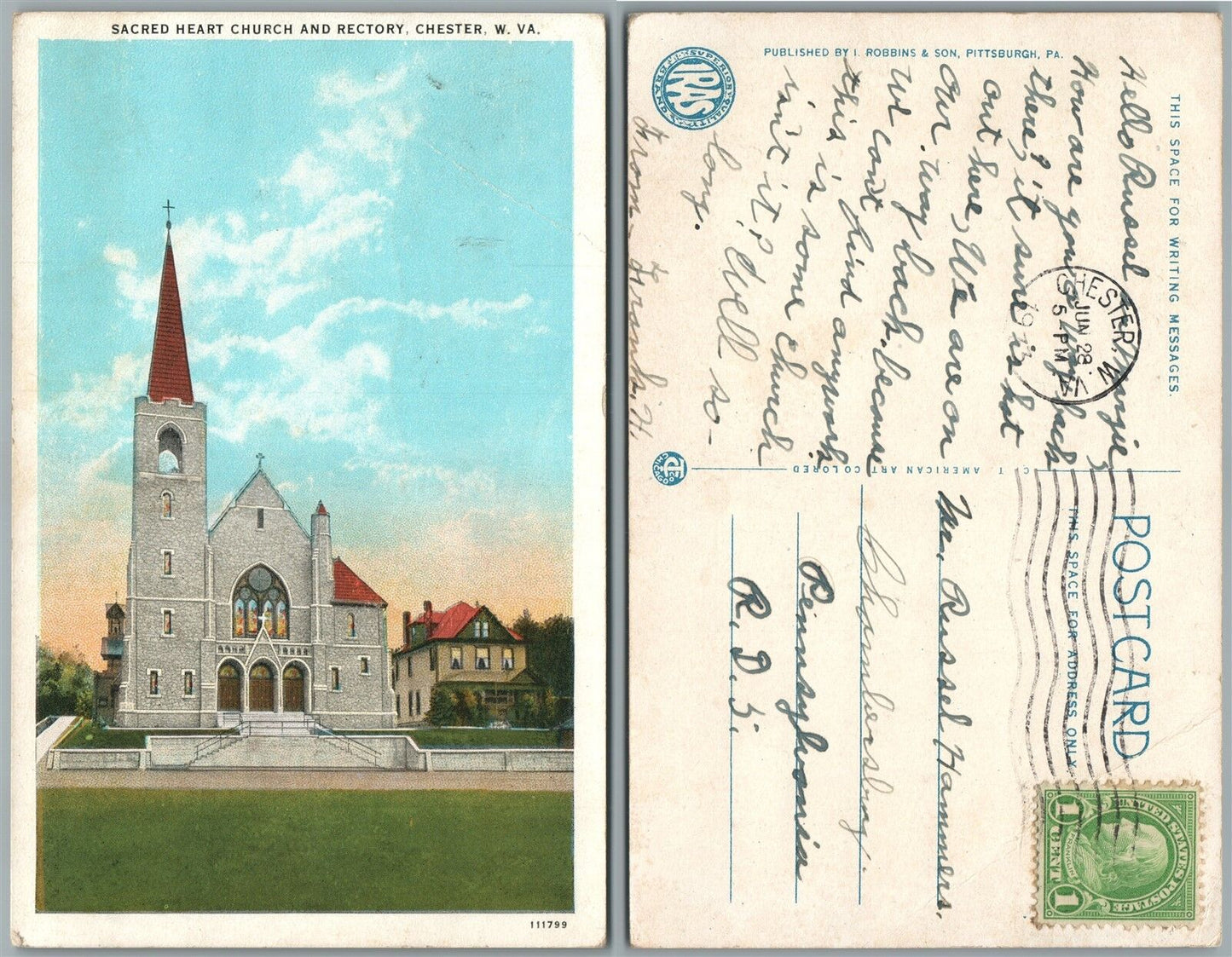 CHESTER W.VA SACRED HEART CHURCH & RECTORY 1933 VINTAGE POSTCARD