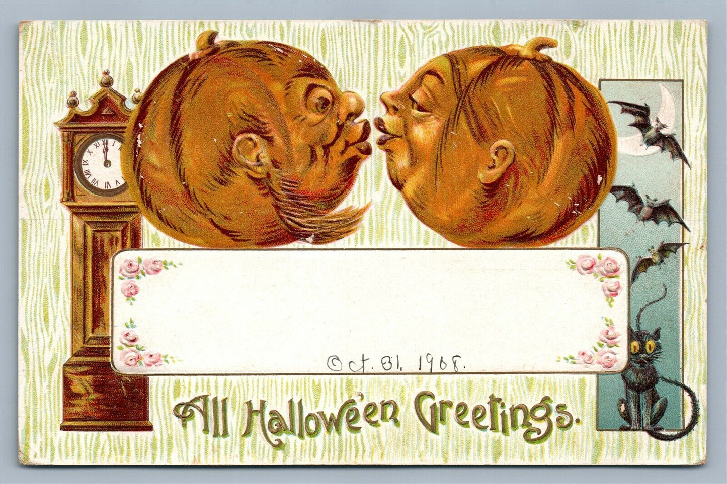 HALLOWEEN ANTIQUE EMBOSSED 1908 POSTCARD KISSING PUMPKINS BLACK CAT BATS