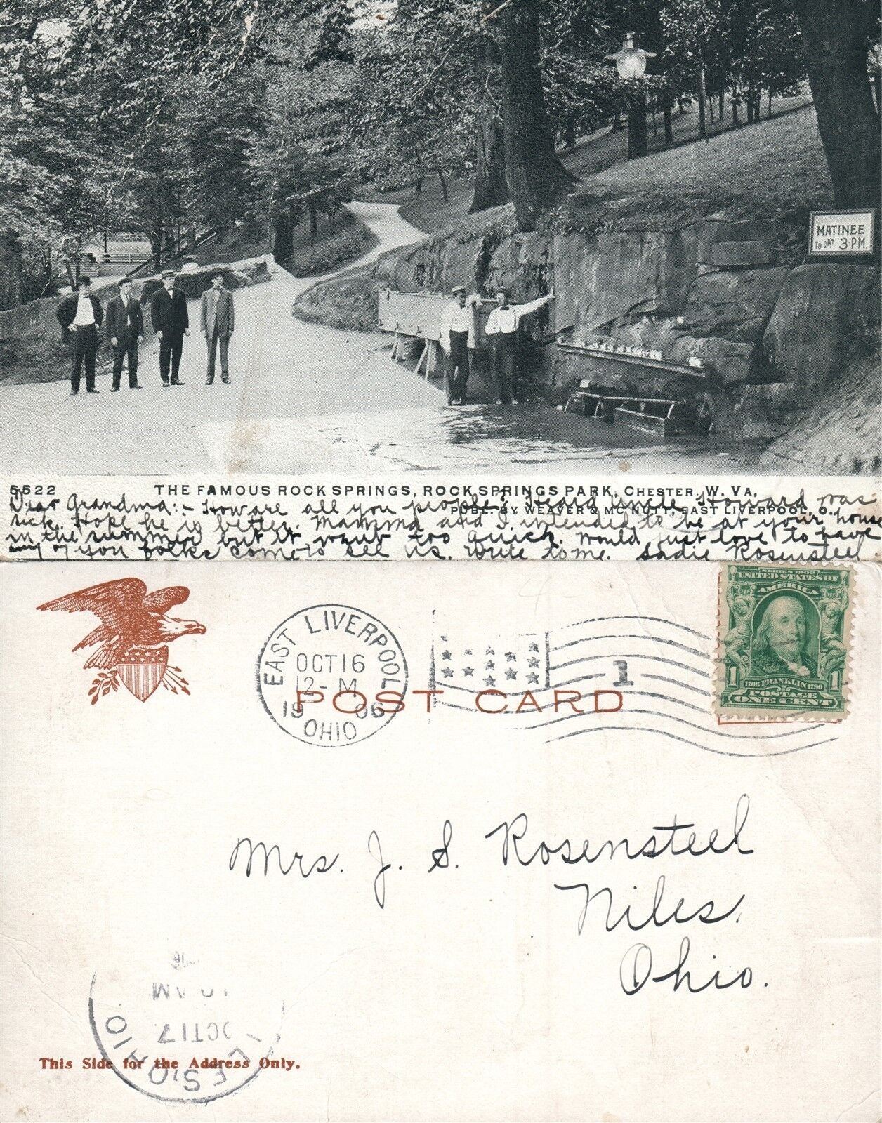 CHESTER W.VA ROCK SPRINGS PARK 1906 UNDIVIDED ANTIQUE POSTCARD