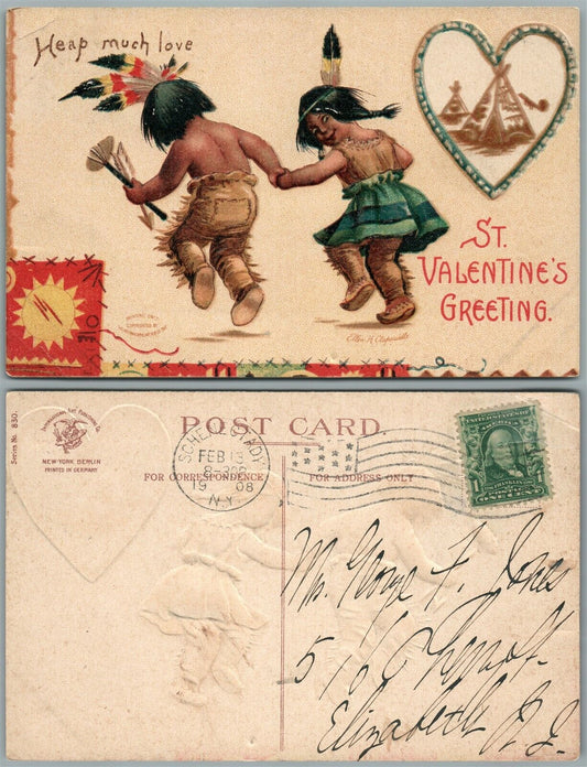 ST.VALENTINE'S GREETINGS 1908 ANTIQUE POSTCARD AMERICAN INDIAN KIDS