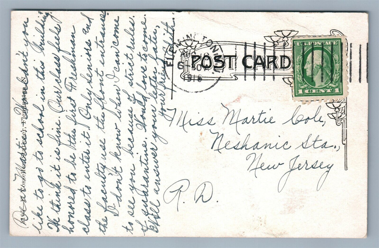 FLEMINGTON NJ HIGH SCHOOL 1915 ANTIQUE POSTCARD
