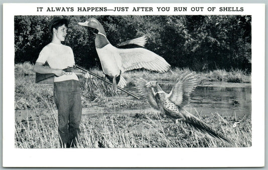 EXAGGERATED DUCK & PHEASANT HUNTING VINTAGE POSTCARD