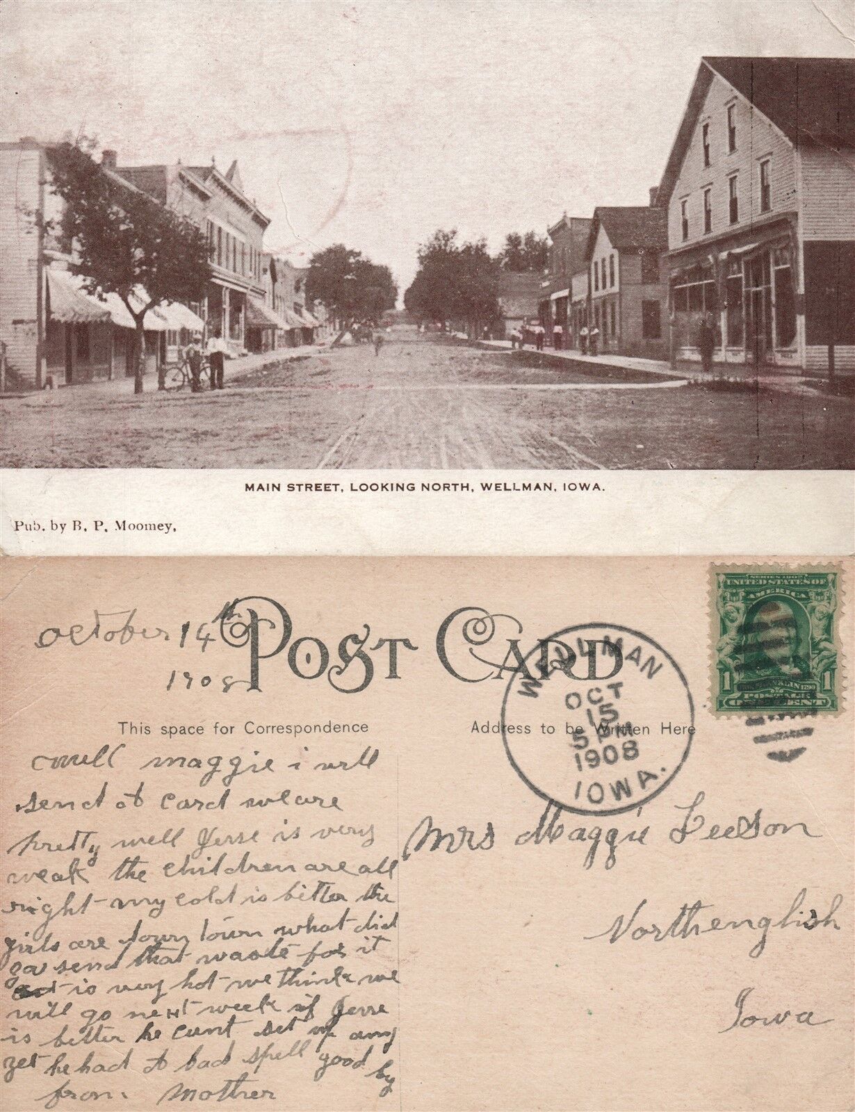 WELLMAN IA MAIN STREET 1908 ANTIQUE POSTCARD w/ CORK CANCEL