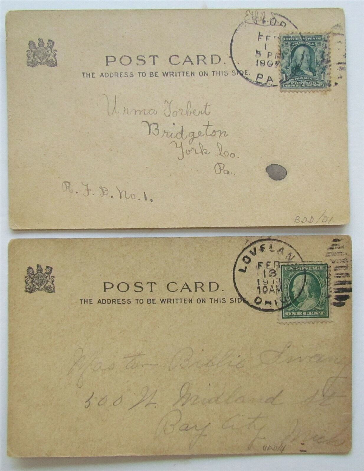 VALENTINE DAY LOT OF 2 ANTIQUE POSTCARDS - CUPS & SAUCERS