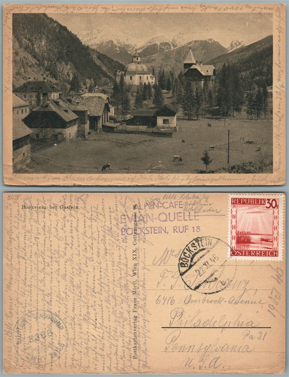 BOCKSTEIN BEI GASTEIN AUSTRIA 1946 VINTAGE POSTCARD w/ STAMP
