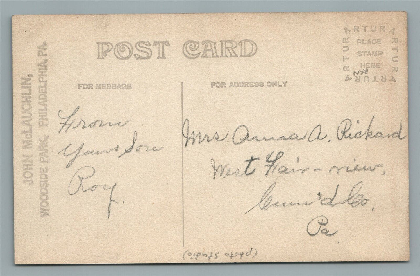 PHILADELPHIA WOODSIDE PARK PA ANTIQUE REAL PHOTO POSTCARD RPPC J. McLAUGHLAN