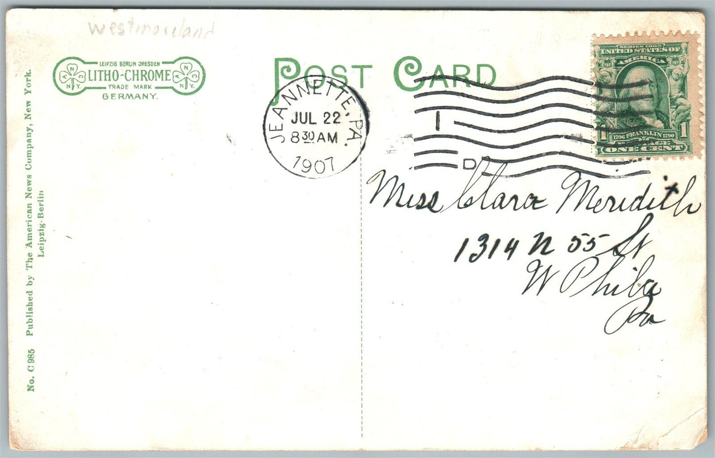 JEANNETTE PA FIRST STREET 1907 ANTIQUE POSTCARD