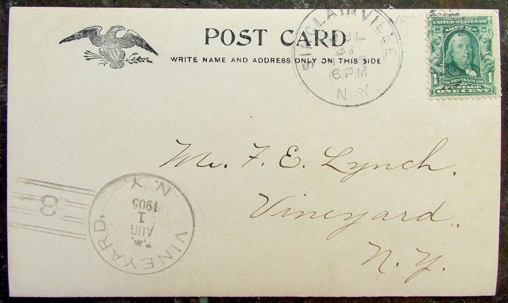 SINCLAIRVILLE N.Y. RPPC 1905 ANTIQUE REAL PHOTO POSTCARD sent to VINEYARD N.Y.