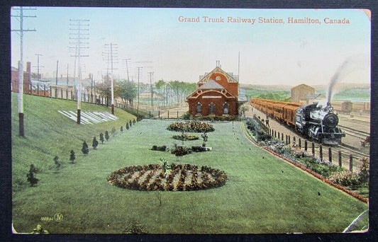 VINTAGE 1910 POSTCARD GRAND TRUNK RAILWAY STATION HAMILTON CANADA RAILROAD train
