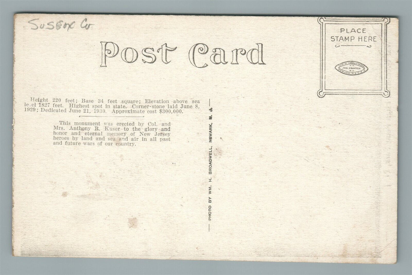 HIGH POINT PARK NJ WAR MEMORIAL ANTIQUE POSTCARD