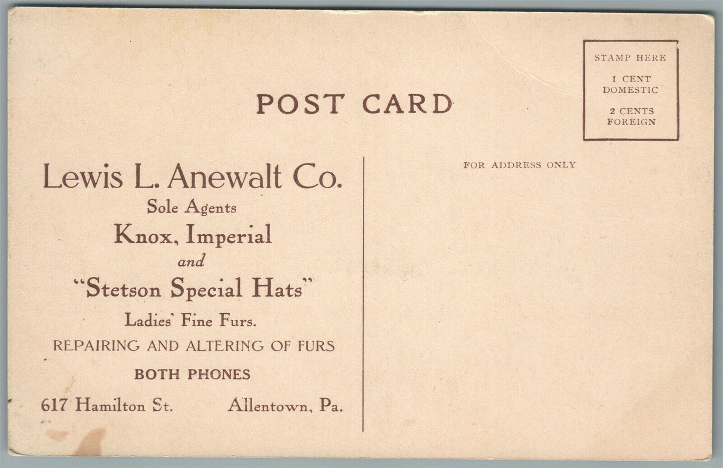 ALLENTOWN PA LEWIS L. ANEWALT STETSON HATS & FURS ADVERTISING ANTIQUE POSTCARD