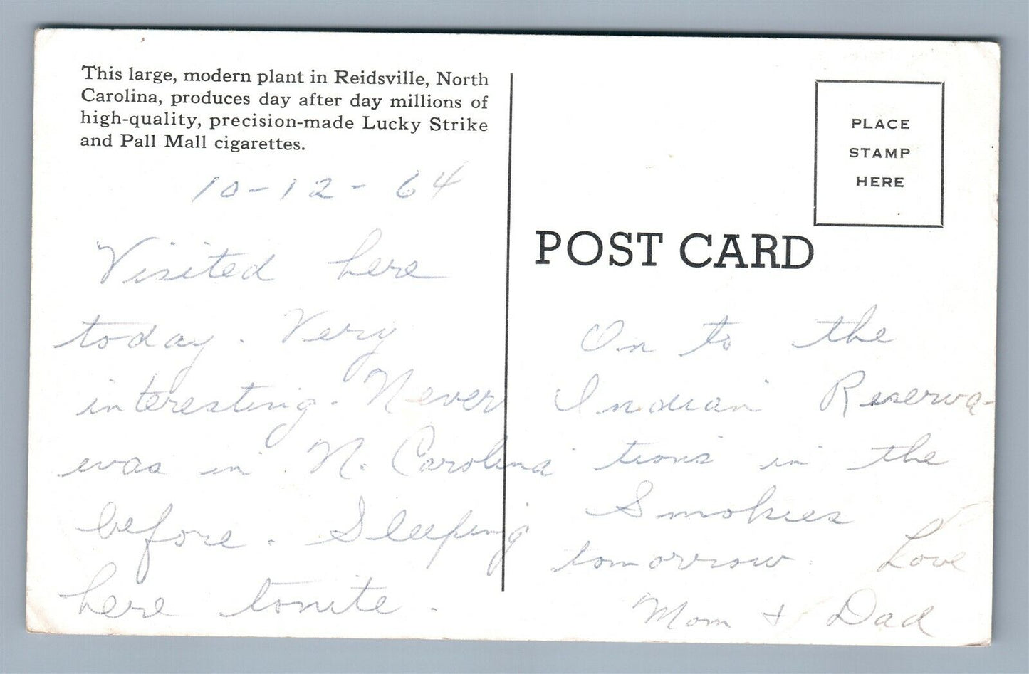 REIDSVILLE NC AMERICAN TOBACCO CO. CIGARETTE PLANT ADVERTISING VINTAGE POSTCARD