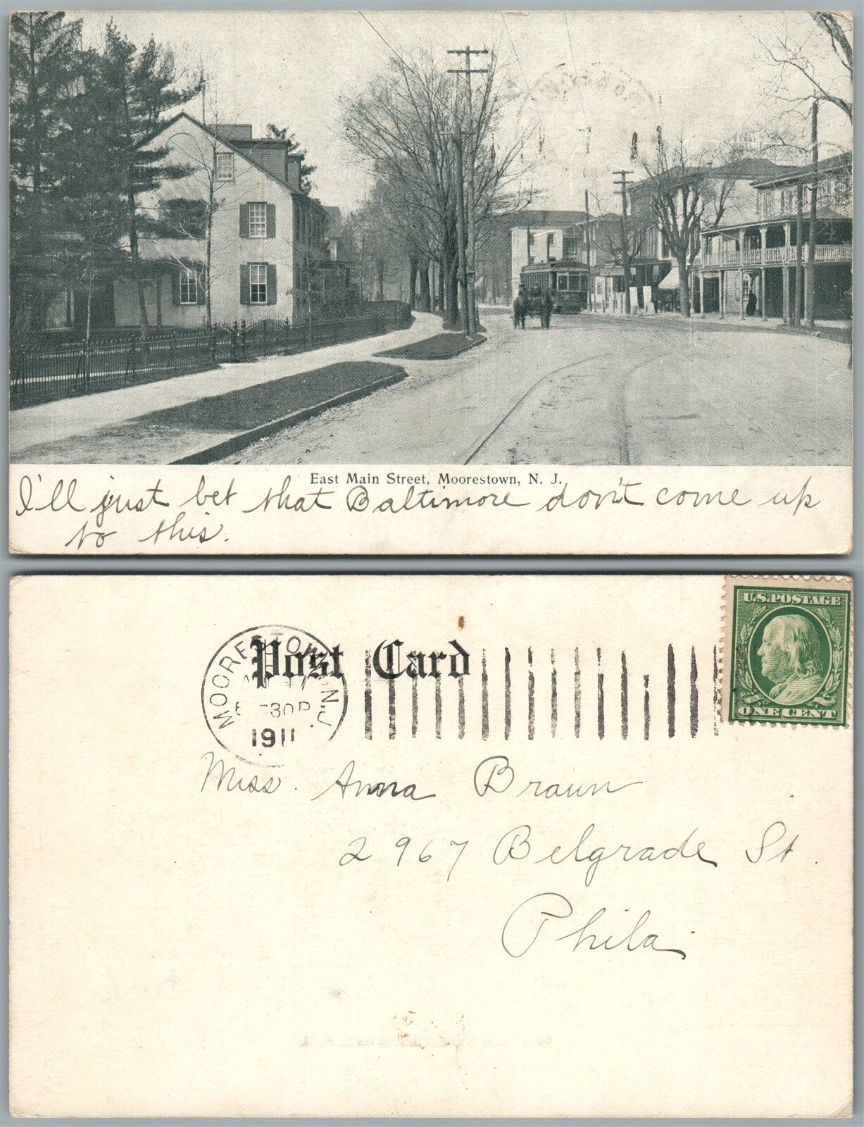 MOORERSTOWN N.J. EAST MAIN STREET 1911 UNDIVIDED ANTIQUE POSTCARD