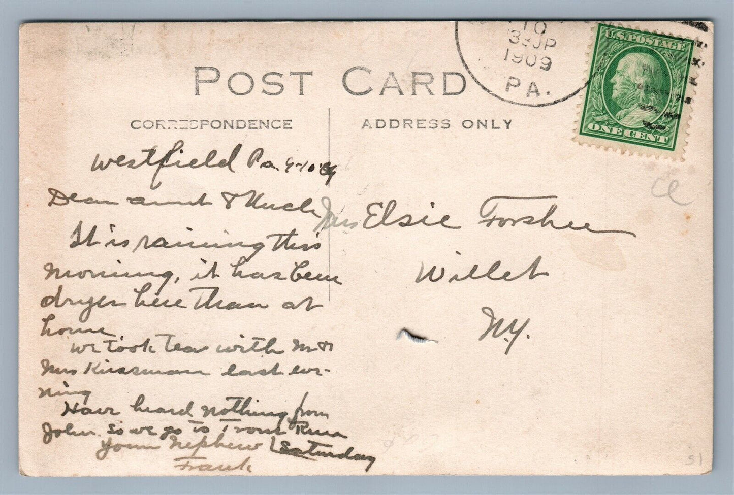 WESTFIELD PA ME CHURCH ANTIQUE REAL PHOTO POSTCARD RPPC