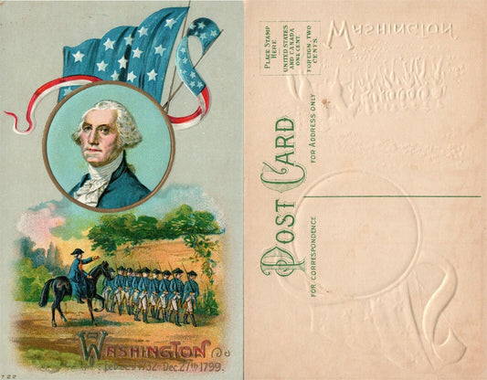 PATRIOTIC ANTIQUE EMBOSSED POSTCARD WASHINGTON w/ SOLDIERS