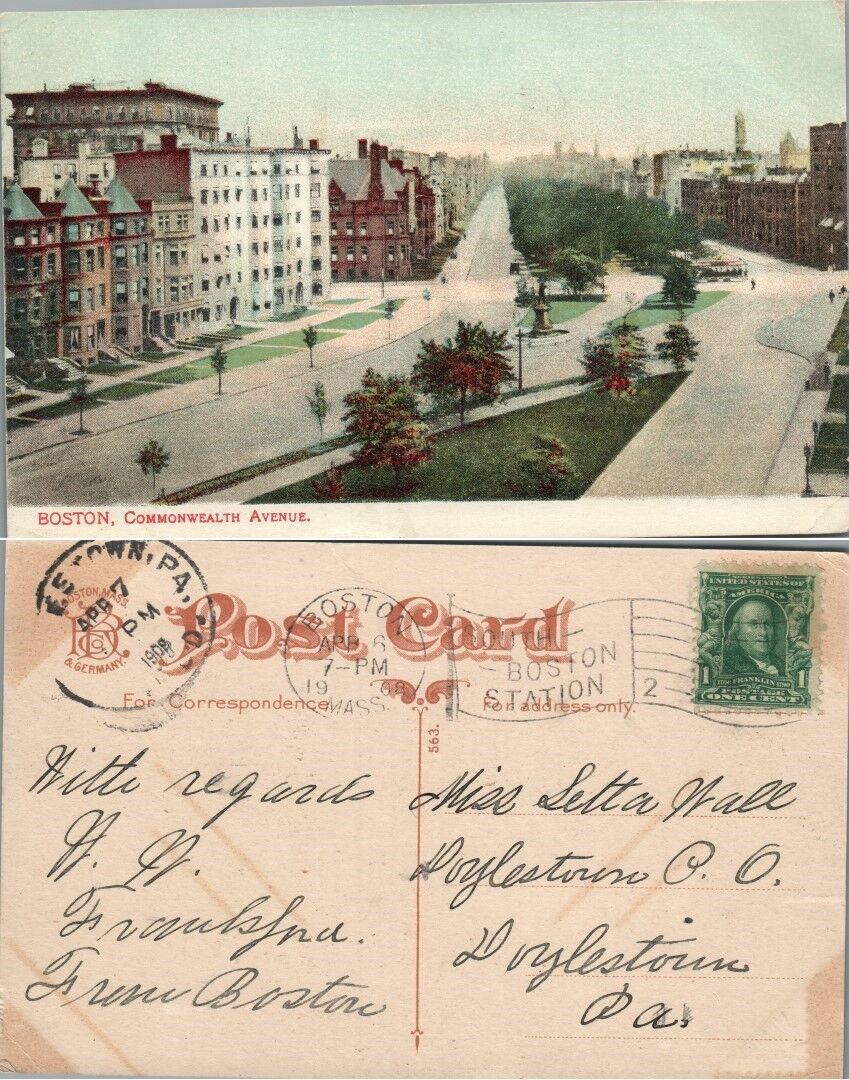 BOSTON COMMONWEALTH AVENUE MA 1908 ANTIQUE POSTCARD