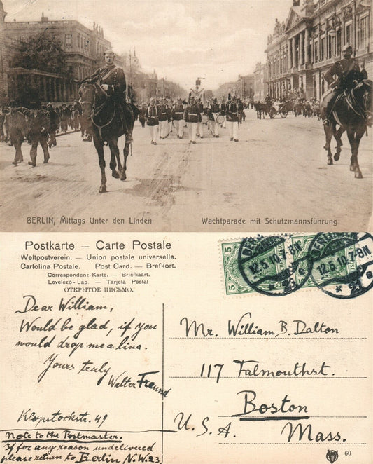 BERLIN GERMANY MILITARY PARADE 1910 ANTIQUE POSTCARD w/ STAMPS