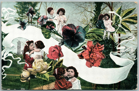 MULTIPLE BABIES KISSING IN FLOWERS ANTIQUE POSTCARD