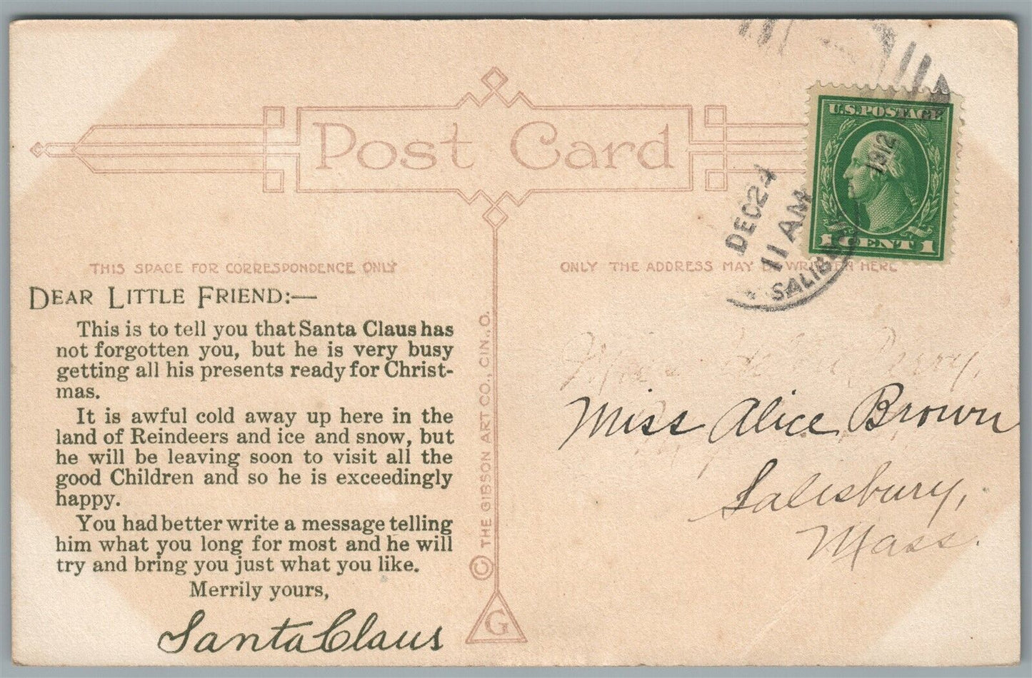 SANTA READING WISH LIST ANTIQUE CHRISTMAS POSTCARD