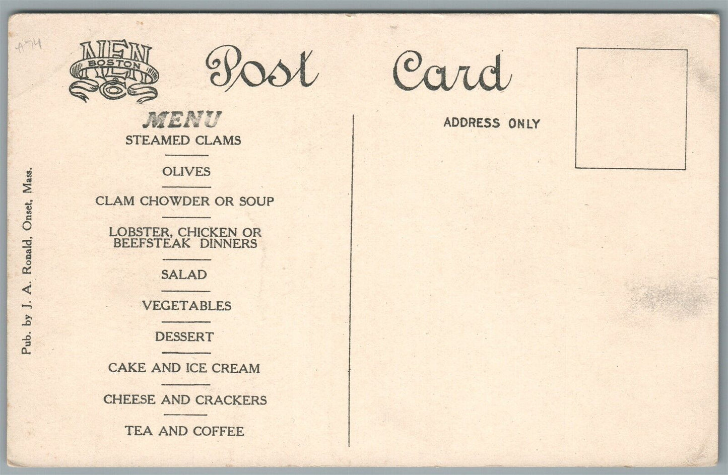 ONSET MA RONALD INN RESTAURANT MENU on the BACKSIDE ANTIQUE POSTCARD