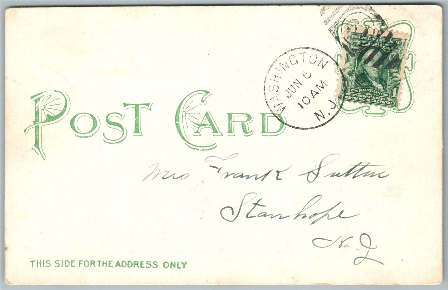 WASHINGTON NJ INTERIOR OF M.E.CHURCH UNDIVIDED ANTIQUE POSTCARD w/ CORK CANCEL