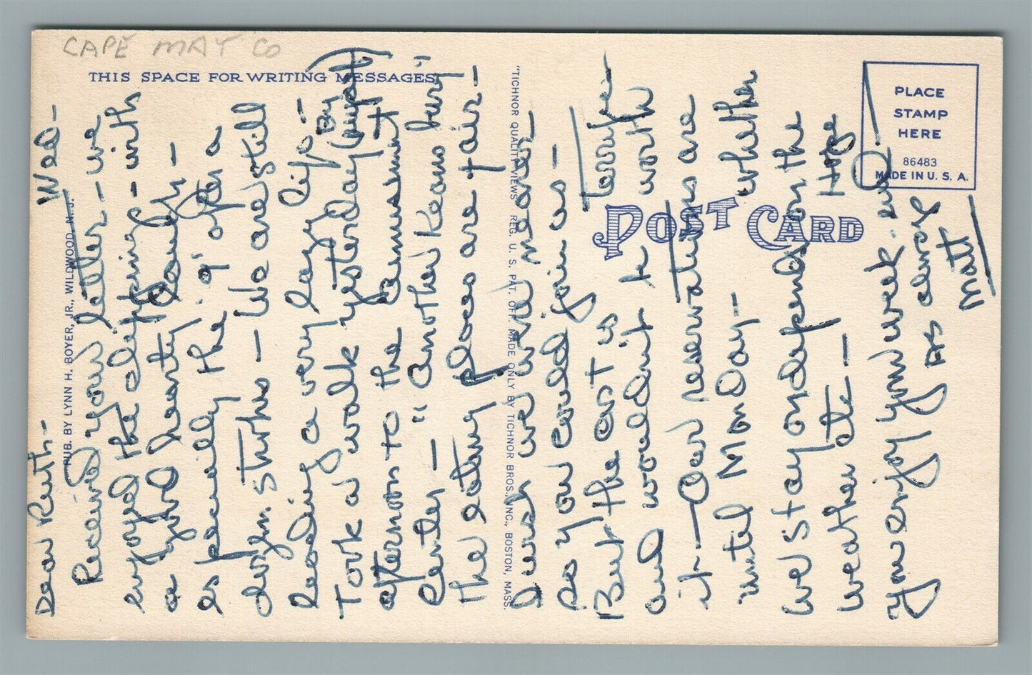WILDWOOD BY THE SEA NJ JAY'S MOTEL VINTAGE POSTCARD
