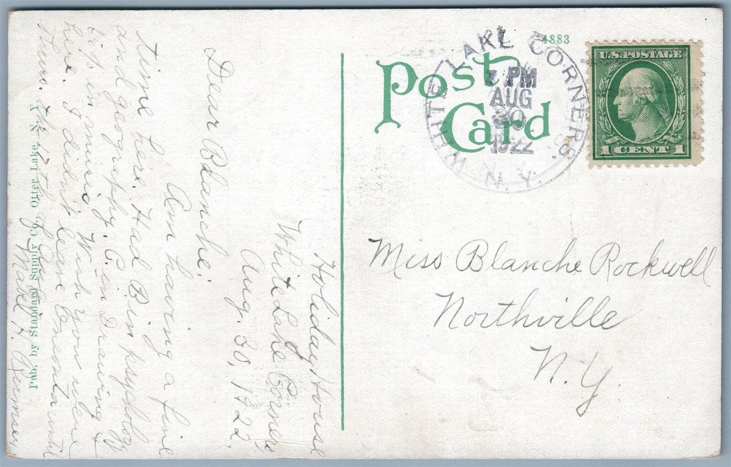 WHITE LAKE NY STATE ROAD 1922 ANTIQUE POSTCARD