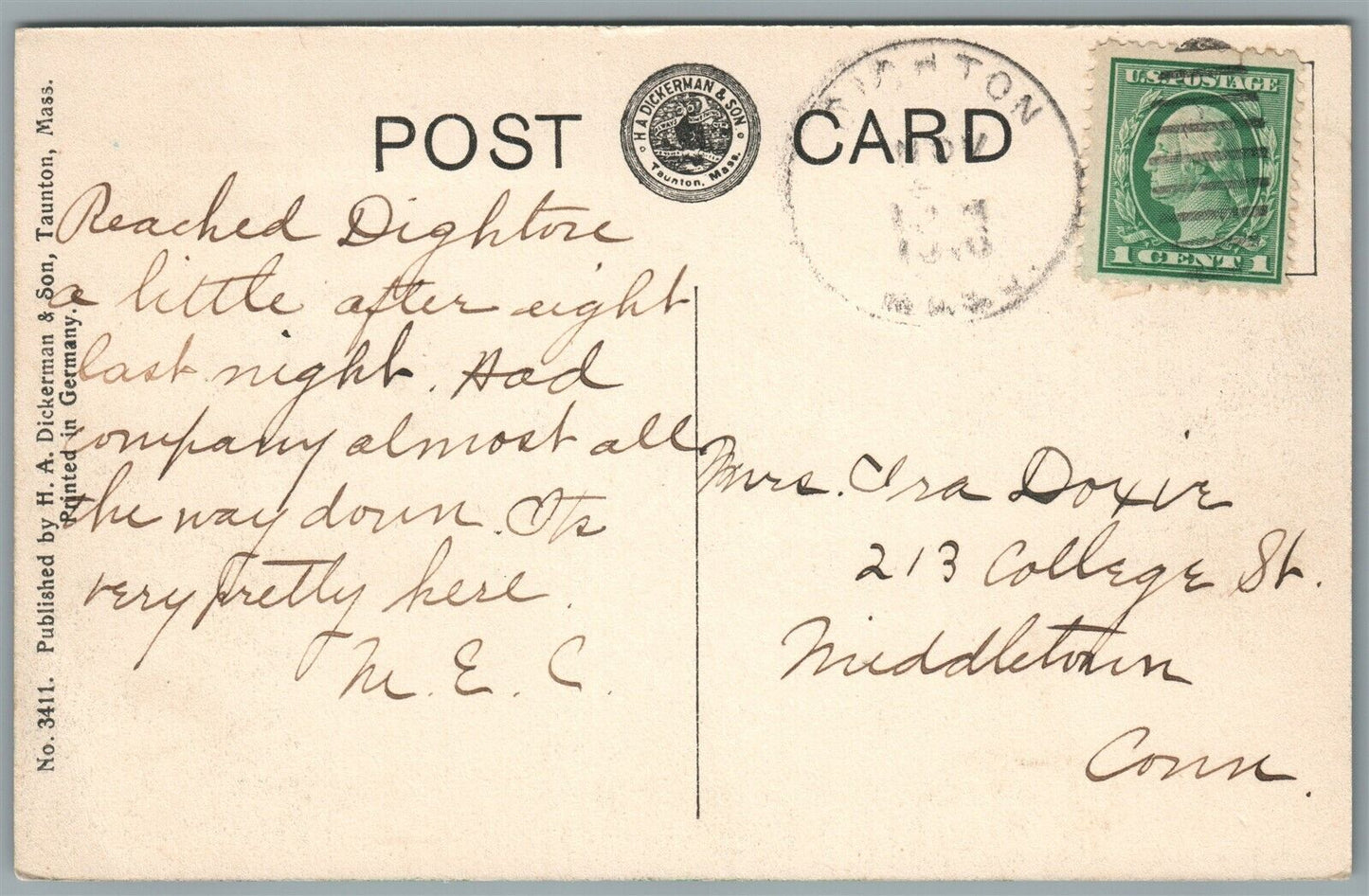 TAUNTON MA RIVER AT NECK OF LAND ANTIQUE POSTCARD