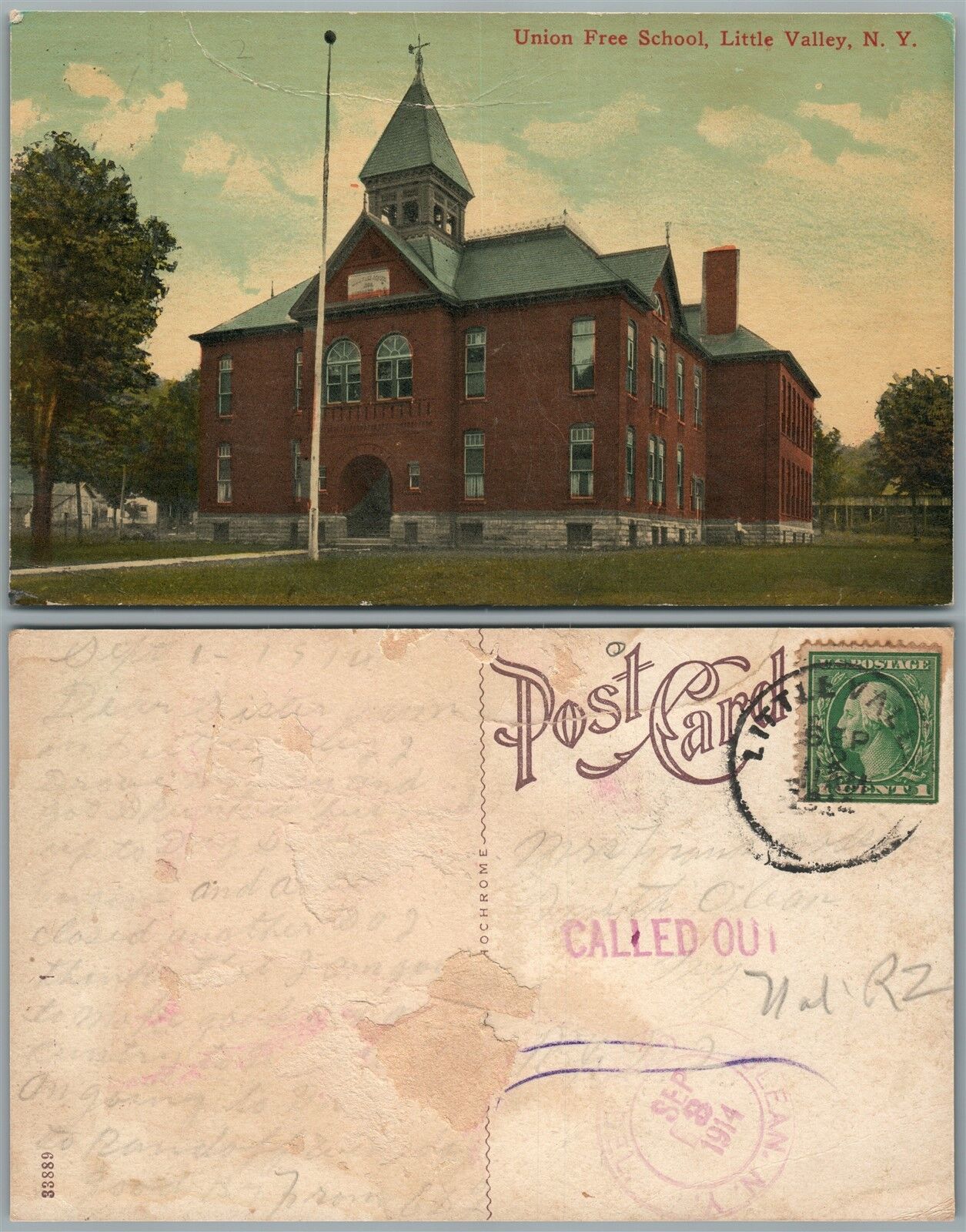LITTLE VALLEY N.Y. UNION FREE SCHOOL 1914 ANTIQUE POSTCARD