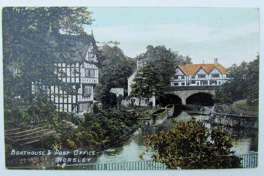 VINTAGE BRITISH POSTCARD BOATHOUSE & POST OFFICE WORSLEY UK
