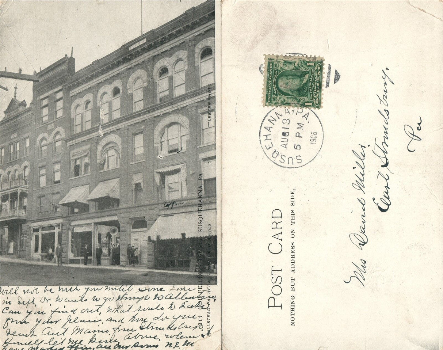 SUSQUEHANNA PA ODD FELLOWS TEMPLE 1906 UNDIVIDED ANTIQUE POSTCARD CORK CANCEL