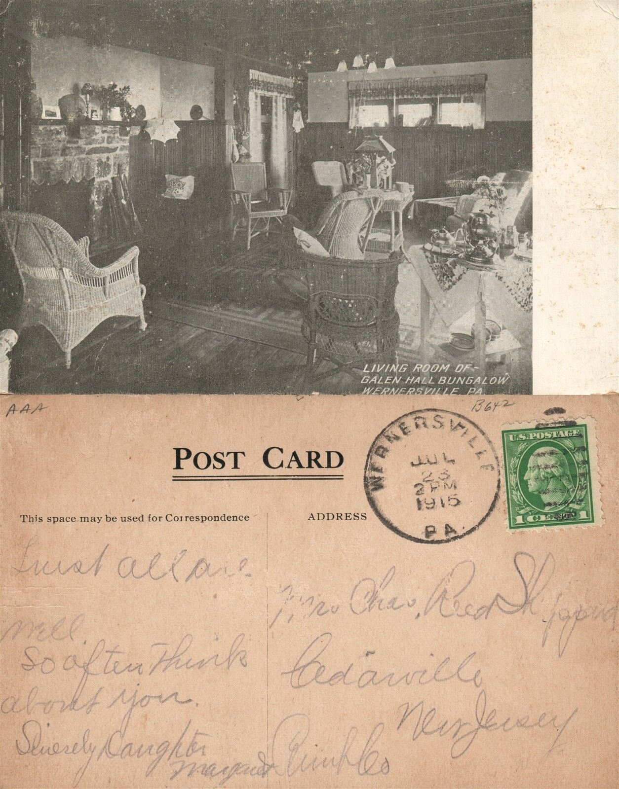 WERNERSVILLE PA GALLEN HALL BUNGALOW 1915 ANTIQUE POSTCARD