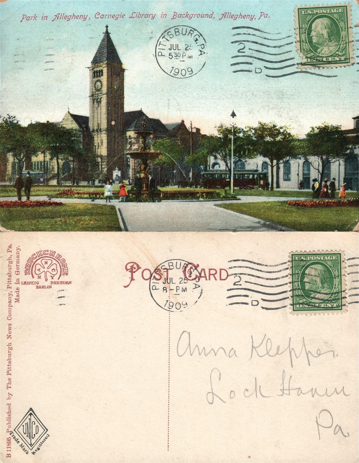 ALLEGHENY PA PARK & CARNEGIE LIBRARY 1909 ANTIQUE POSTCARD