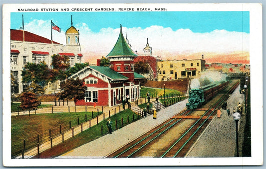 REVERE BEACH MA RAILROAD STATION RAILWAY TRAIN DEPOT ANTIQUE POSTCARD
