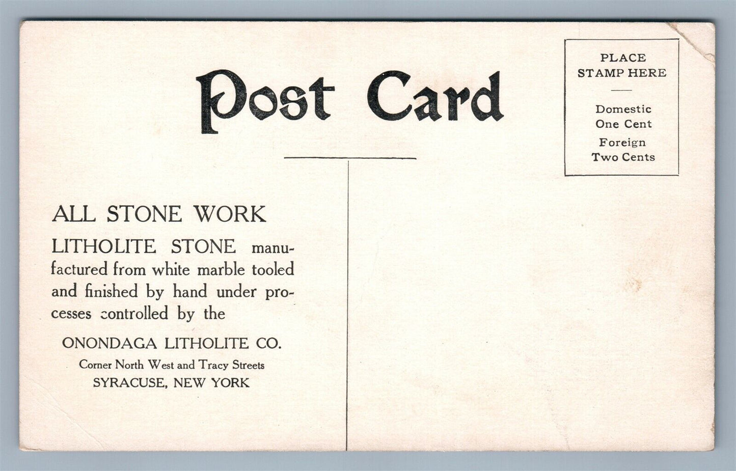 SYRACUSE NY ARCHITECTS & ONONDAGA LITHOLITE CO. ADVERTISING ANTIQUE POSTCARD