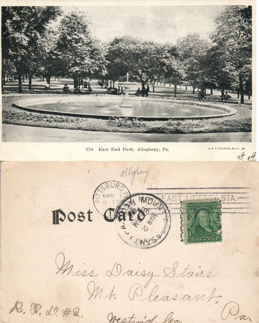 ALLEGHENY PA EAST END PARK 1906 UNDIVIDED ANTIQUE POSTCARD