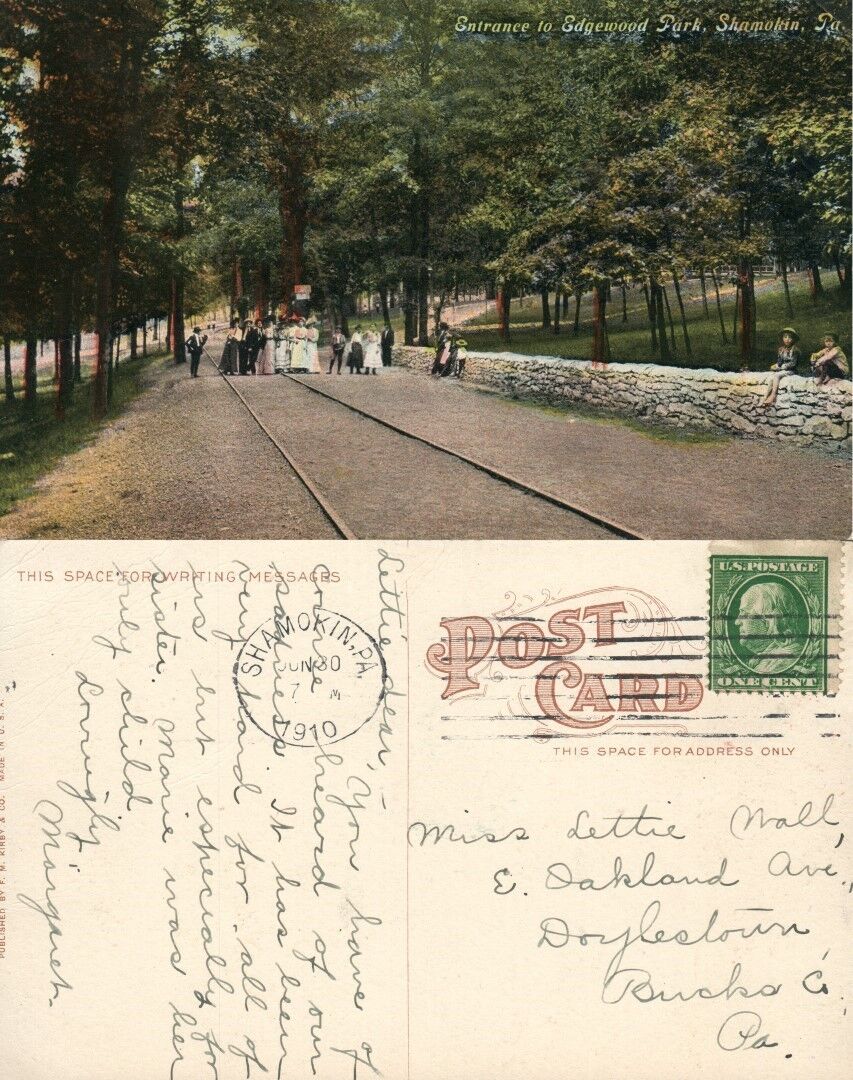 SHAMOKIN PA ENTRANCE TO EAGLEWOOD PARK 1910 ANTIQUE POSTCARD